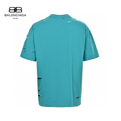 Balenciaga Distressed Logo T-shirt Unisex Streetwear Limited Edition - <span>This Balenciaga t-shirt features a vibrant turquoise design with intentional distressed details, giving it a