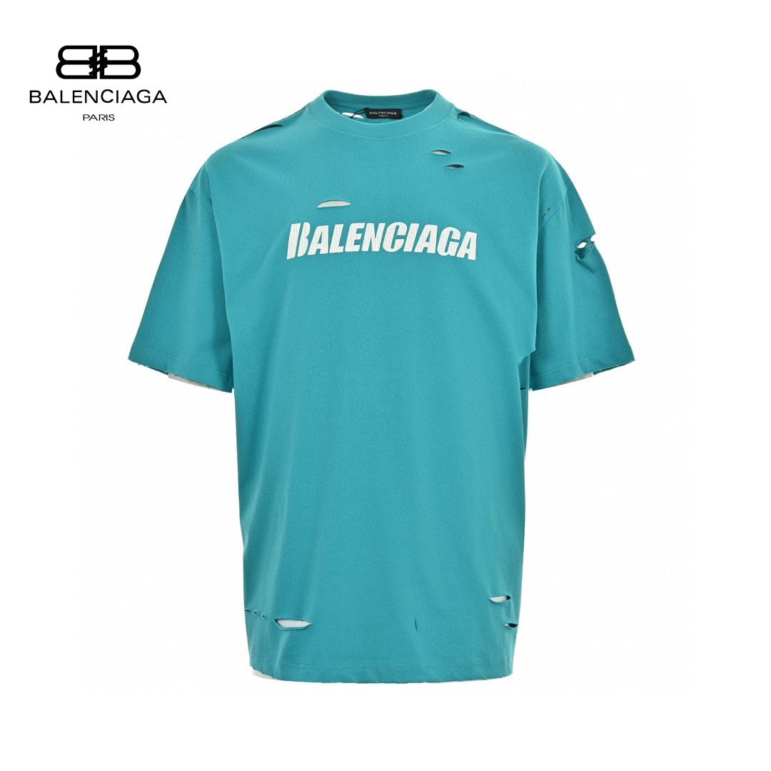 Balenciaga Distressed Logo T-shirt Unisex Streetwear Limited Edition - <span>This Balenciaga t-shirt features a vibrant turquoise design with intentional distressed details, giving it a