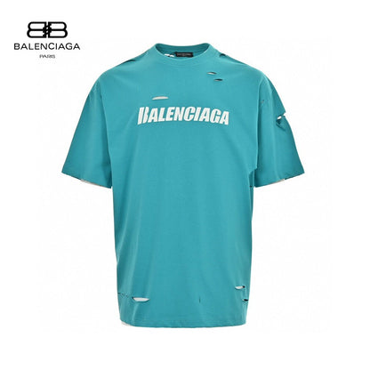 Balenciaga Distressed Logo T-shirt Unisex Streetwear Limited Edition - <span>This Balenciaga t-shirt features a vibrant turquoise design with intentional distressed details, giving it a
