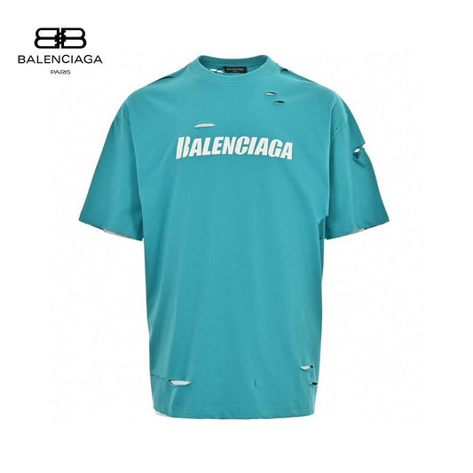 Balenciaga Distressed Logo T-shirt Unisex Streetwear Limited Edition - <span>This Balenciaga t-shirt features a vibrant turquoise design with intentional distressed details, giving it a