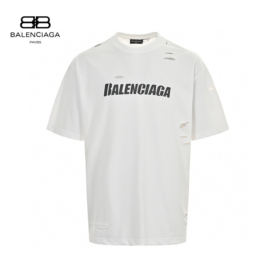 Balenciaga Distressed Logo T-shirt - White Unisex Streetwear Limited Edition - <span>This Balenciaga t-shirt features a minimalist white design with intentional distressed detailing for a trendy,