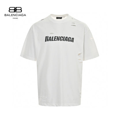 Balenciaga Distressed Logo T-shirt - White Unisex Streetwear Limited Edition - <span>This Balenciaga t-shirt features a minimalist white design with intentional distressed detailing for a trendy,