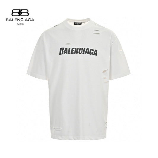 Balenciaga Distressed Logo T-shirt - White Unisex Streetwear Limited Edition - <span>This Balenciaga t-shirt features a minimalist white design with intentional distressed detailing for a trendy,