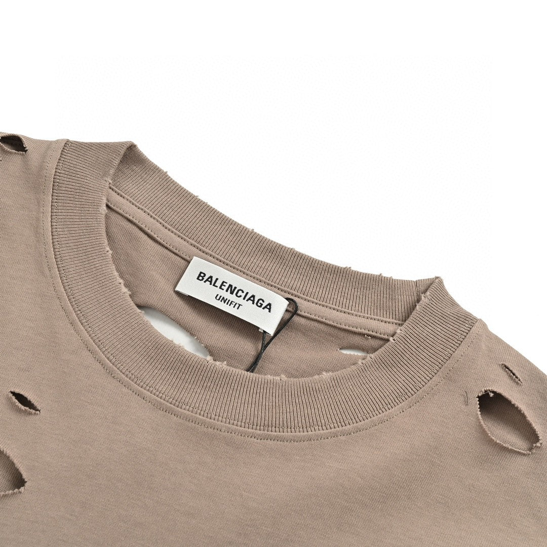 Balenciaga Distressed Logo T-shirt - Beige Unisex Streetwear Limited Edition - <span>This Balenciaga t-shirt features a muted beige design with intentional distressed details, providing a trendy,