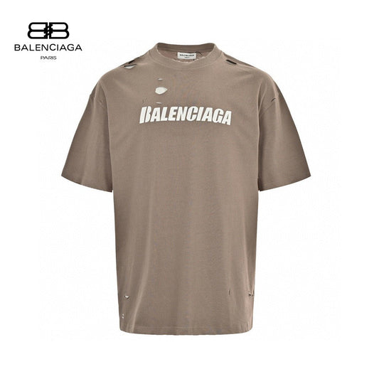 Balenciaga Distressed Logo T-shirt - Beige Unisex Streetwear Limited Edition - <span>This Balenciaga t-shirt features a muted beige design with intentional distressed details, providing a trendy,