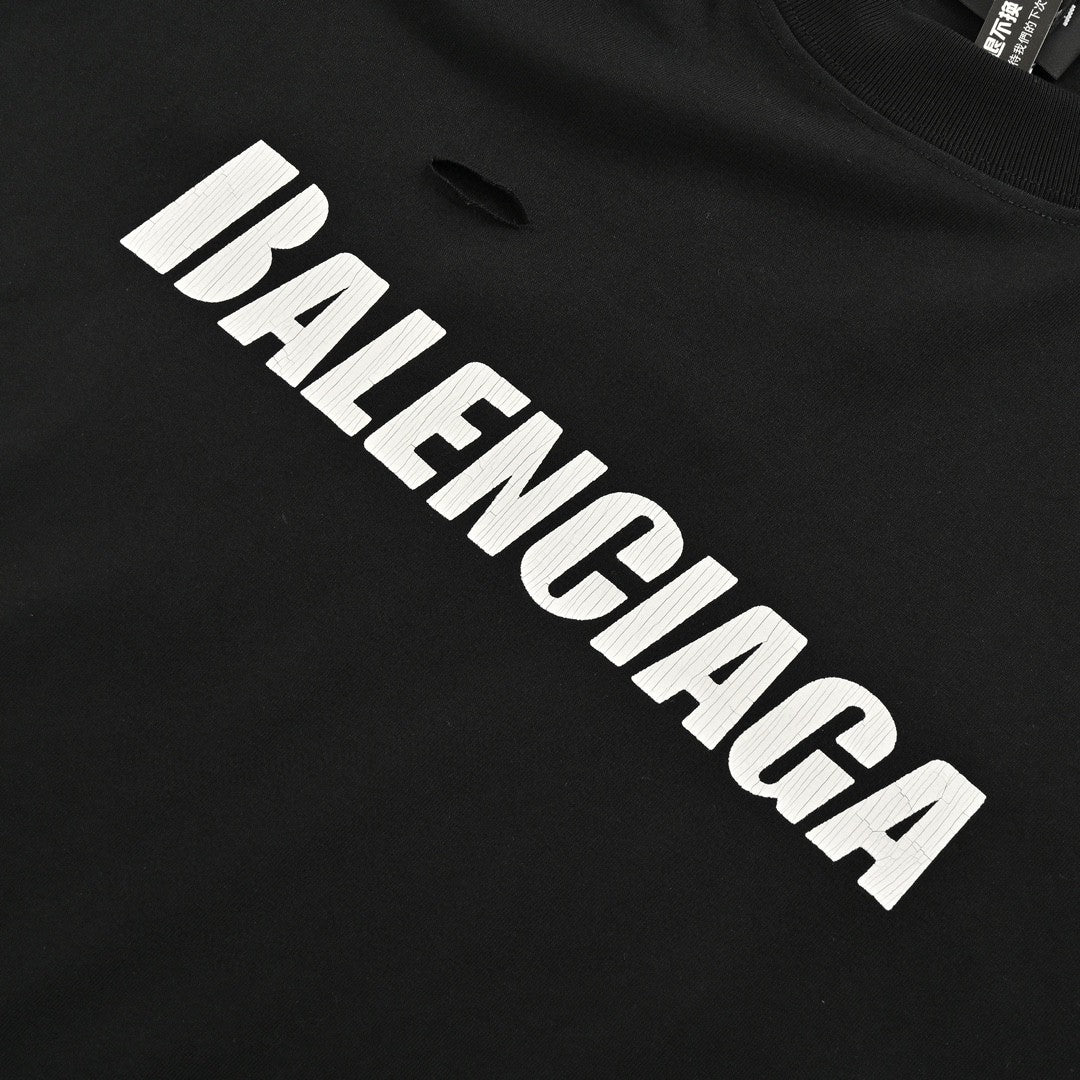 Balenciaga Distressed Logo T-shirt - Black Unisex Streetwear Limited Edition - <span>This Balenciaga t-shirt features a sleek black design with intentional distressed details, giving it a