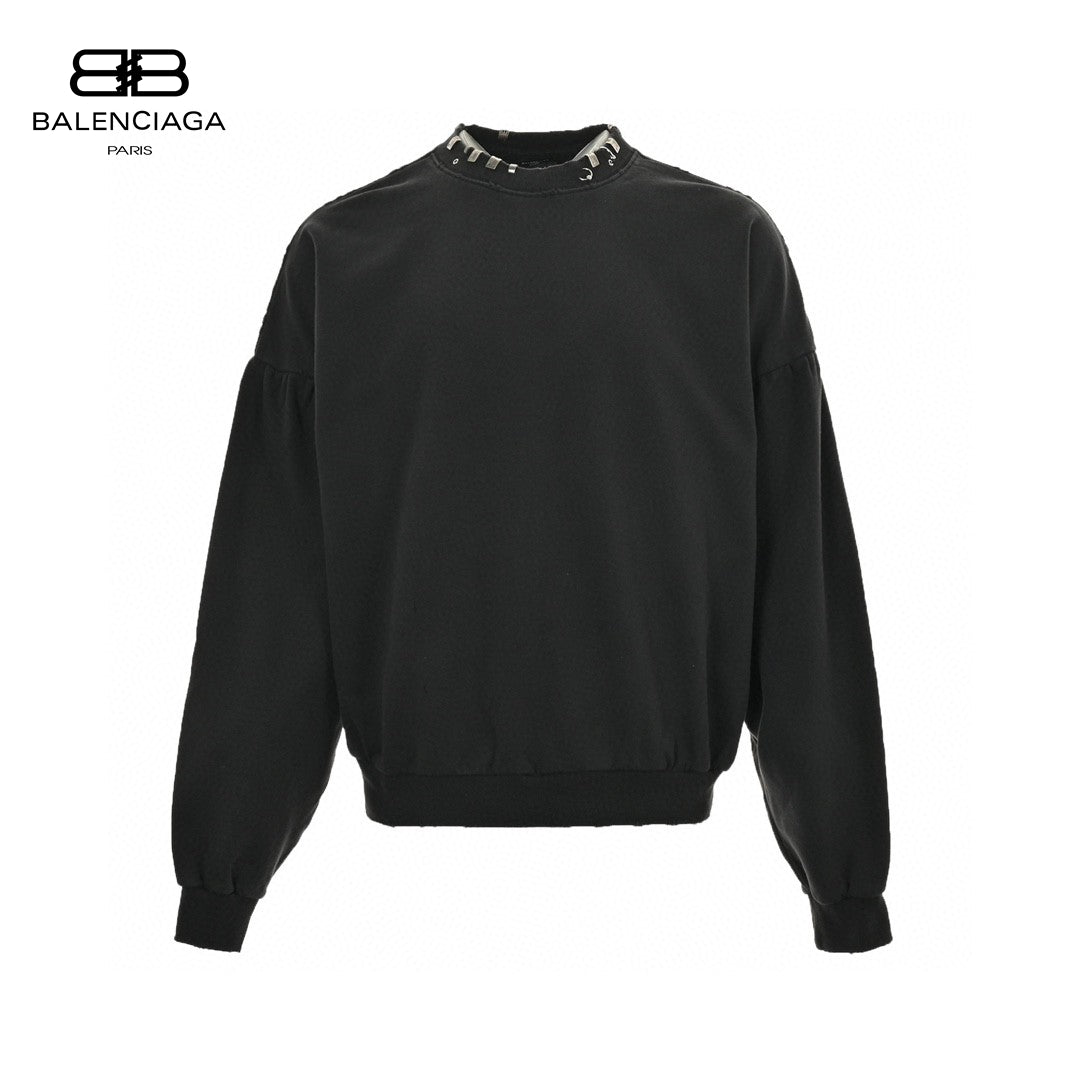 Balenciaga Embellished Collar Sweatshirt - Black Unisex Streetwear Limited Edition - This Balenciaga sweatshirt features a minimalist black design with an embellished collar. The long sleeves