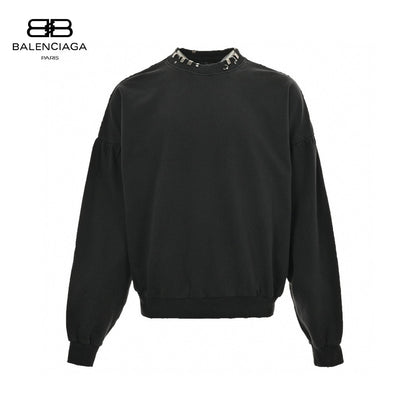 Balenciaga Embellished Collar Sweatshirt - Black Unisex Streetwear Limited Edition - This Balenciaga sweatshirt features a minimalist black design with an embellished collar. The long sleeves