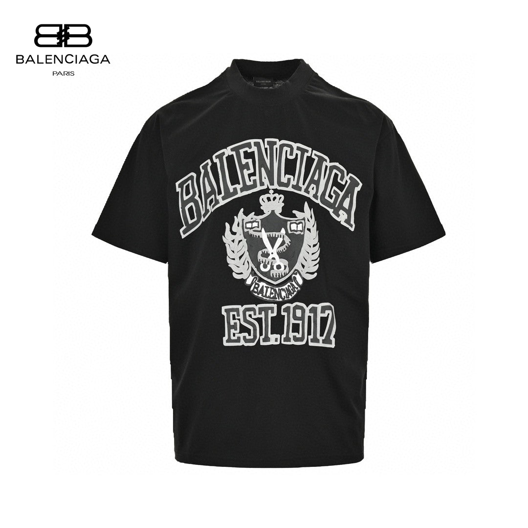 Balenciaga Est. 1917 Crest T-shirt (black) Unisex Streetwear Limited Edition - This black Balenciaga T-shirt features a bold, collegiate-inspired design with the brand name and establishment