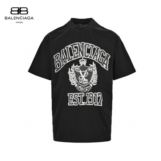 Balenciaga Est. 1917 Crest T-shirt (black) Unisex Streetwear Limited Edition - This black Balenciaga T-shirt features a bold, collegiate-inspired design with the brand name and establishment