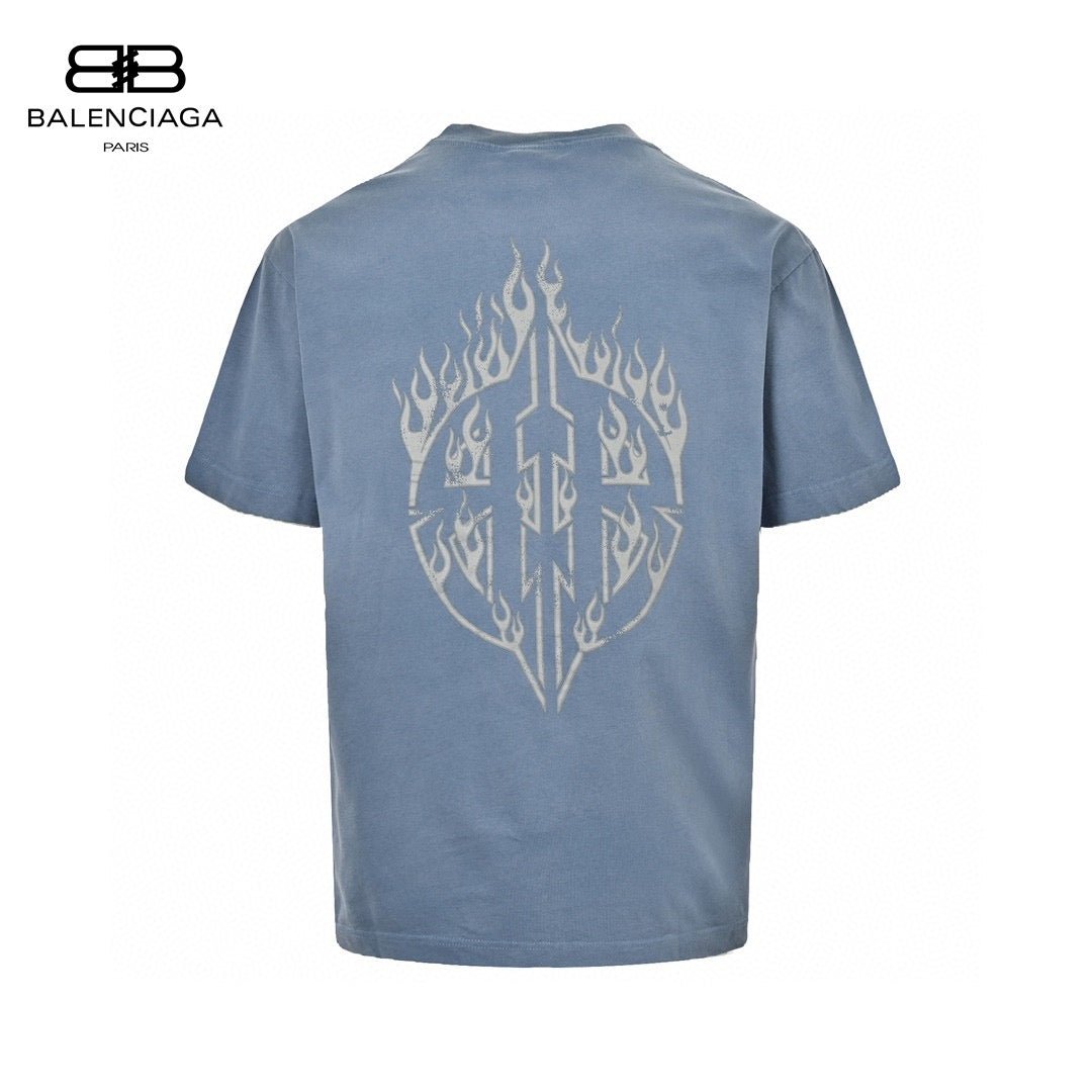 Balenciaga Flame Graphic T-shirt (blue) Unisex Streetwear Limited Edition - This blue Balenciaga T-shirt features an eye-catching flame graphic logo across the front, adding a