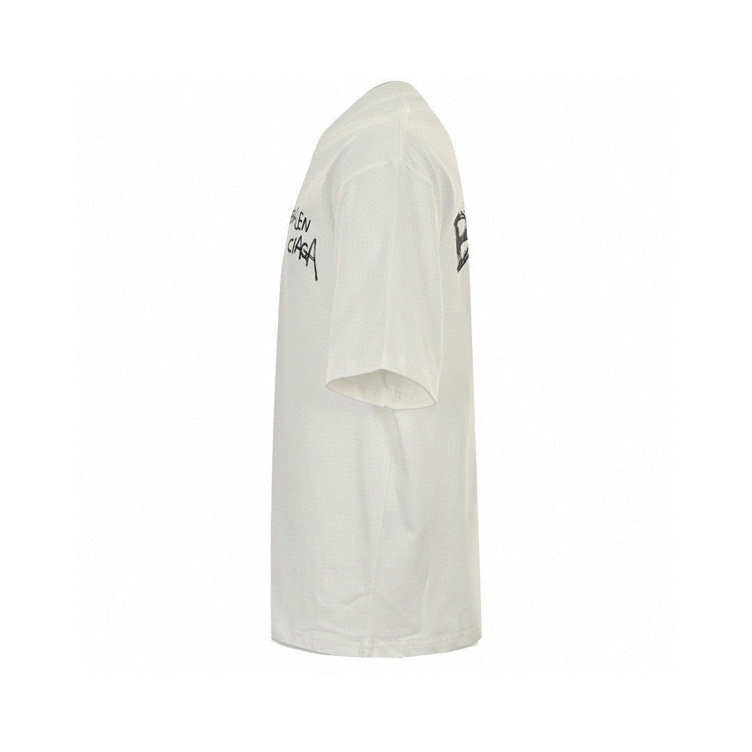 Balenciaga Graffiti Logo T-shirt - White Unisex Streetwear Limited Edition - This Balenciaga t-shirt features a minimalist design with a graffiti-style 'Balenciaga' logo on the chest.
