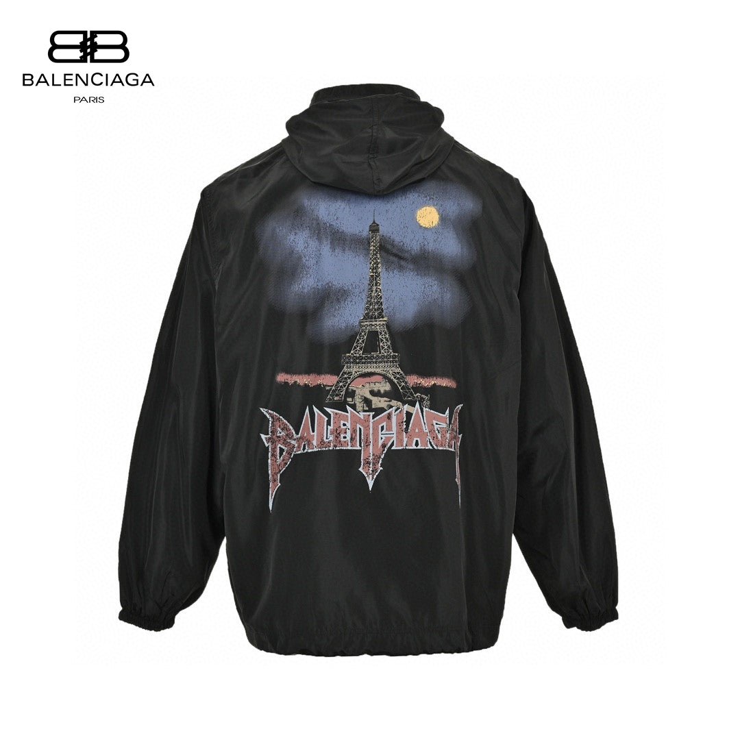 Balenciaga Hooded Windbreaker - Black Unisex Streetwear Limited Edition - This Balenciaga windbreaker features a sleek black design with a white logo on the chest.
