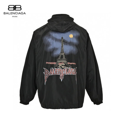 Balenciaga Hooded Windbreaker - Black Unisex Streetwear Limited Edition - This Balenciaga windbreaker features a sleek black design with a white logo on the chest.