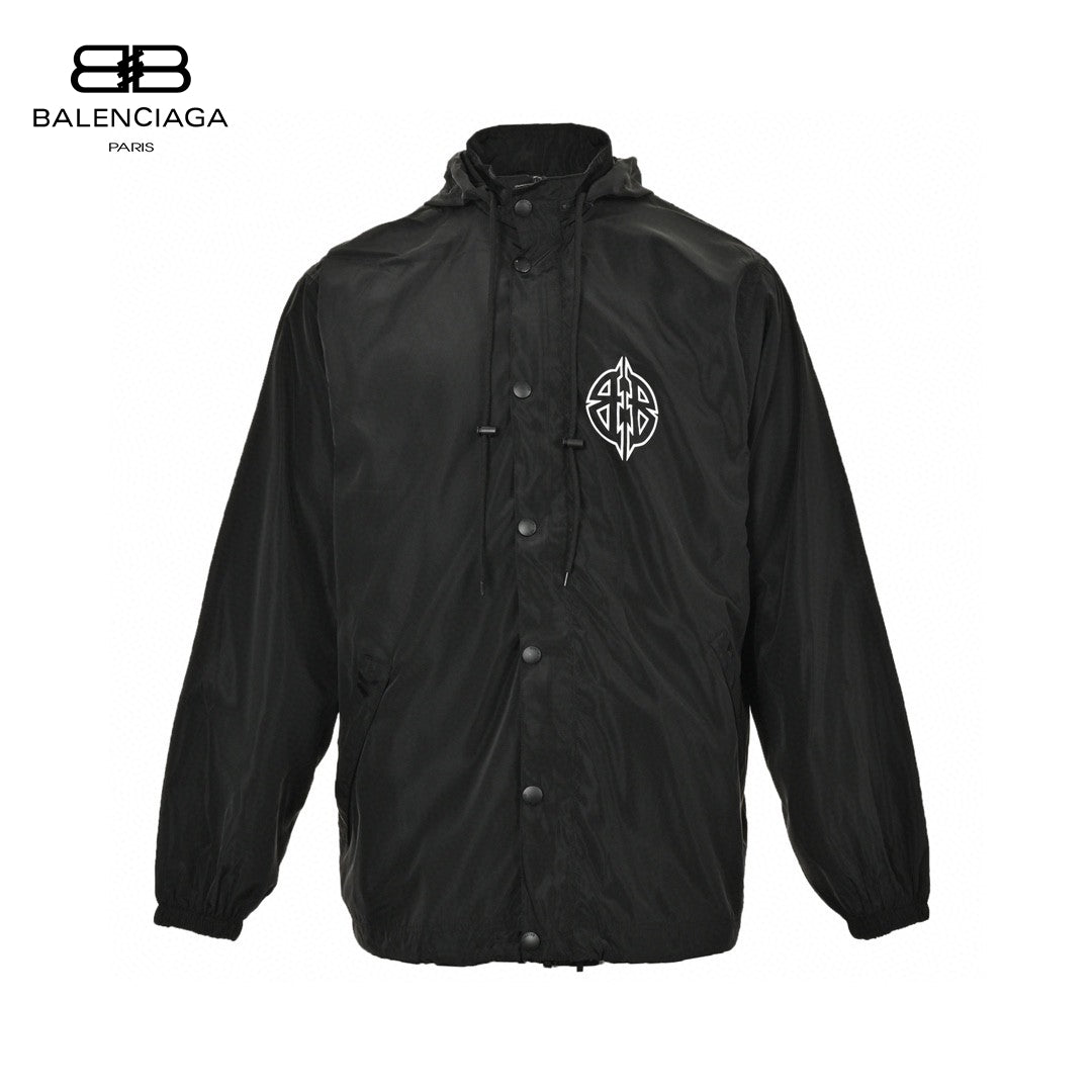 Balenciaga Hooded Windbreaker - Black Unisex Streetwear Limited Edition - This Balenciaga windbreaker features a sleek black design with a white logo on the chest.
