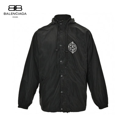 Balenciaga Hooded Windbreaker - Black Unisex Streetwear Limited Edition - This Balenciaga windbreaker features a sleek black design with a white logo on the chest.