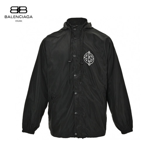 Balenciaga Hooded Windbreaker - Black Unisex Streetwear Limited Edition - This Balenciaga windbreaker features a sleek black design with a white logo on the chest.