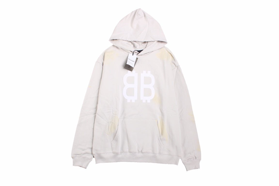 Balenciaga Hoodie - White Unisex Streetwear Limited Edition - Light gray hoodie with white double B logo on the chest. Comfortable and relaxed fit.