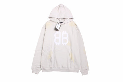 Balenciaga Hoodie - White Unisex Streetwear Limited Edition - Light gray hoodie with white double B logo on the chest. Comfortable and relaxed fit.