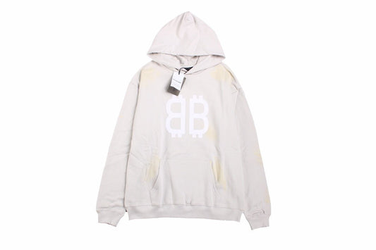 Balenciaga Hoodie - White Unisex Streetwear Limited Edition - Light gray hoodie with white double B logo on the chest. Comfortable and relaxed fit.