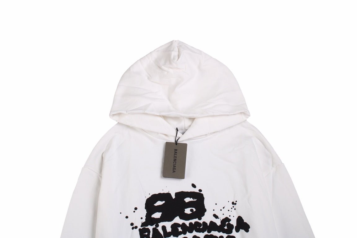 Balenciaga Hoodie - Black Unisex Streetwear Limited Edition - White hoodie with black graffiti-style Balenciaga Paris logo on the chest. Comfortable and relaxed fit.