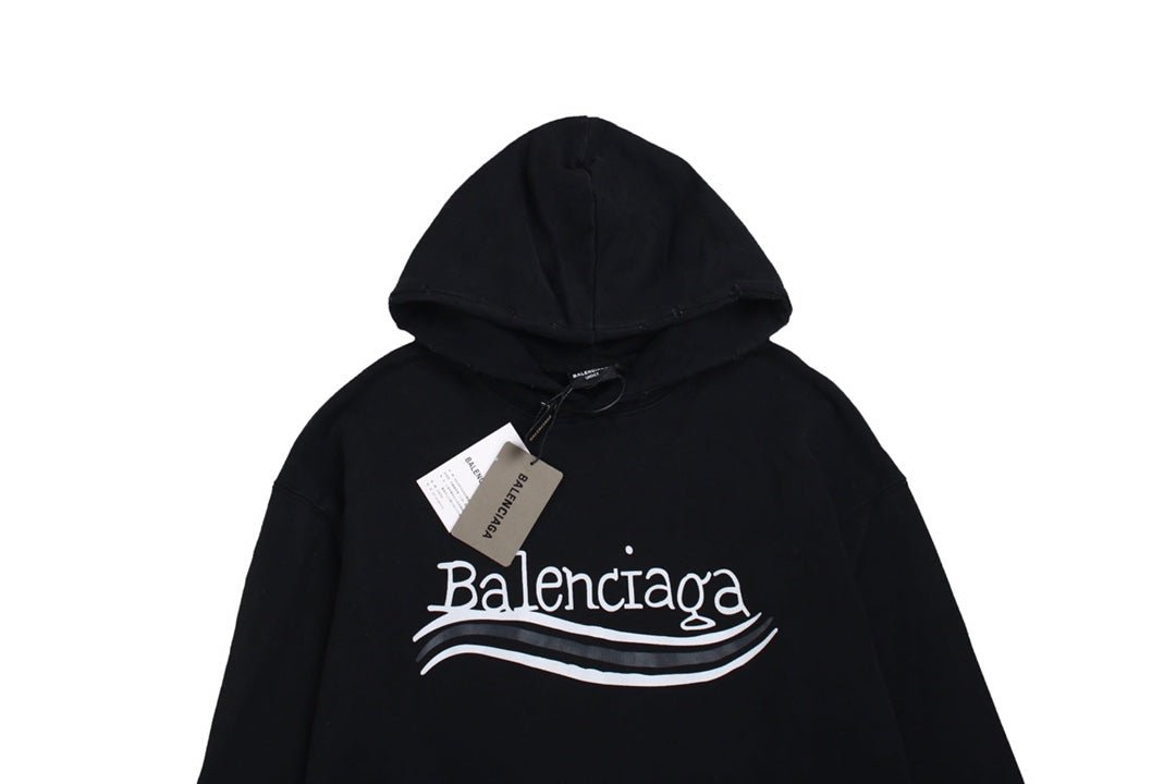 Balenciaga Hoodie - Black Unisex Streetwear Limited Edition - Black hoodie with white Balenciaga logo and wavy lines. Comfortable oversized fit. Features a front
