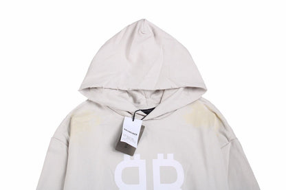 Balenciaga Hoodie - White Unisex Streetwear Limited Edition - Light gray hoodie with white double B logo on the chest. Comfortable and relaxed fit.