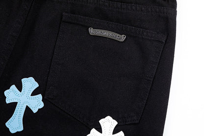 CHROME Hearts Blue Cross Patch Jeans - Black Unisex Streetwear Limited Edition