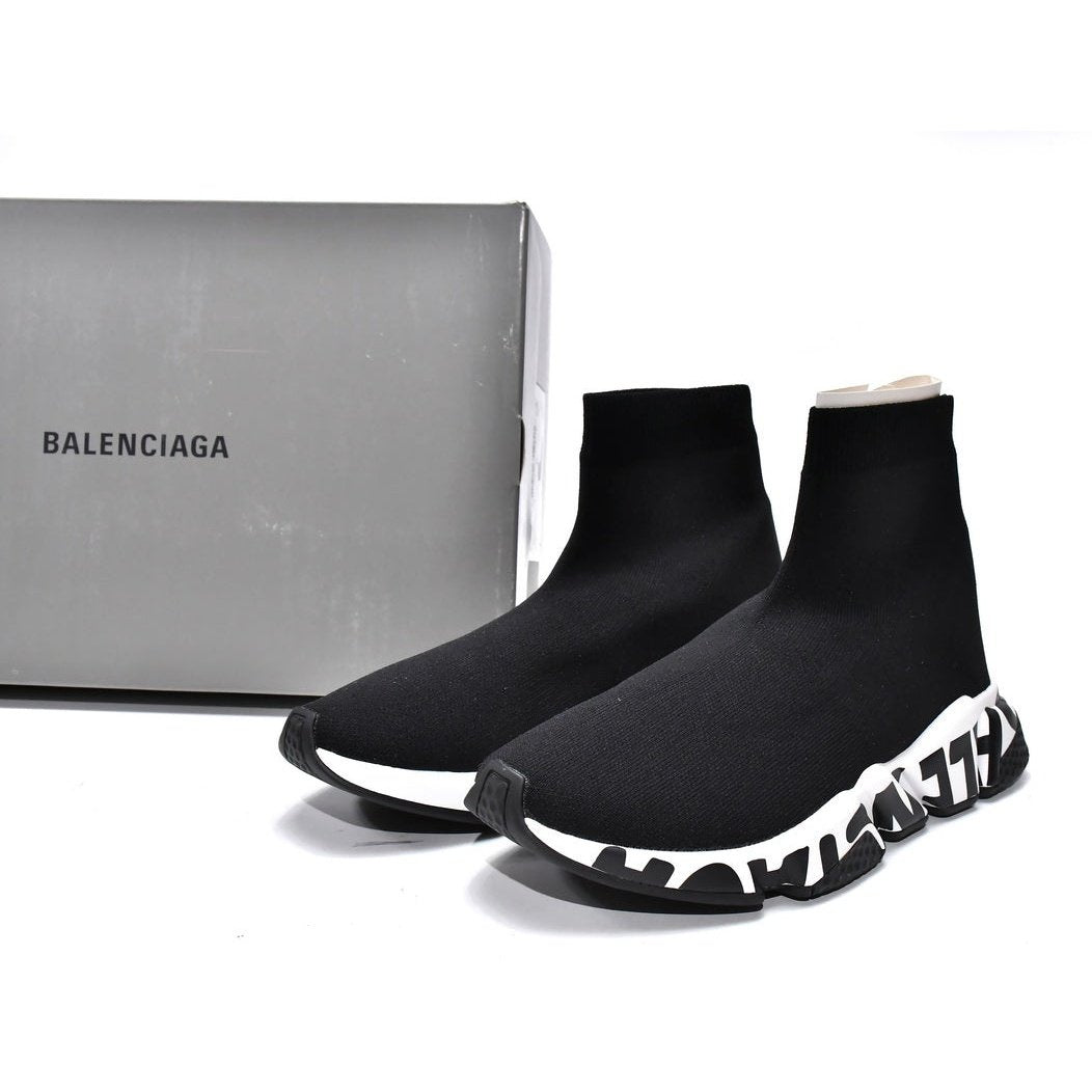 BALENCIAGA Speed Graffiti Trainer - White - Black Unisex Streetwear Limited Edition - The Balenciaga Speed Graffiti Trainers x Black White edition infuses the brand's futuristic silhouette with