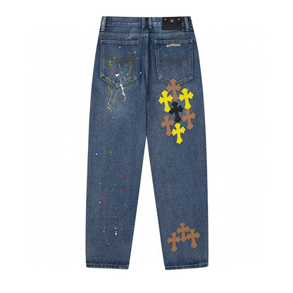 CHROME Hearts Paint Drip Cross Patch Jeans Denim - Red Unisex Streetwear Limited Edition