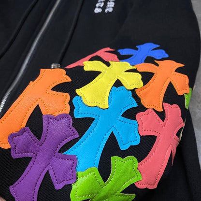 CHROME Hearts Multicolor Cross Patch Zipper Hoodie - Black Unisex Streetwear Limited Edition