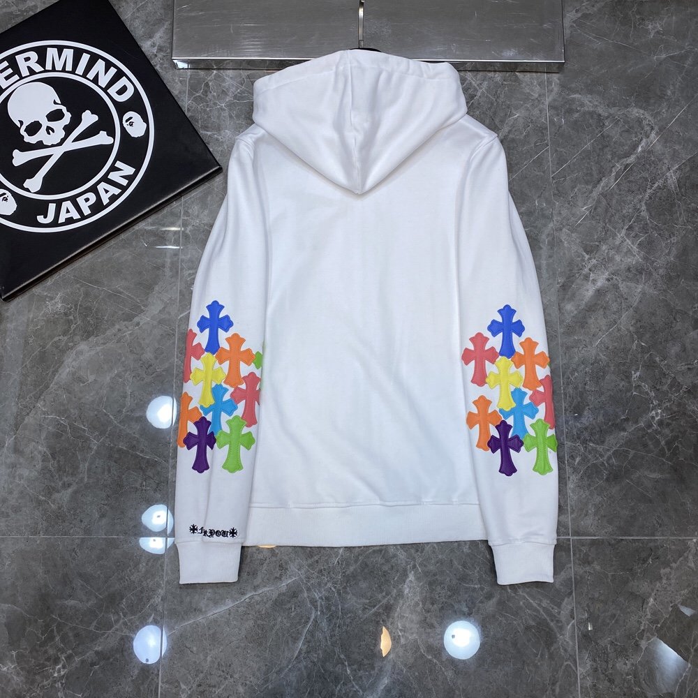 CHROME Hearts Multicolor Cross Patch Zipper Hoodie - White Unisex Streetwear Limited Edition