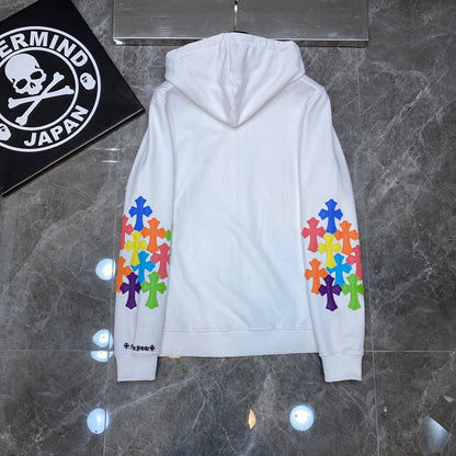 CHROME Hearts Multicolor Cross Patch Zipper Hoodie - White Unisex Streetwear Limited Edition