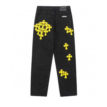 CHROME Hearts Yellow Cross Patch Jeans - Black Unisex Streetwear Limited Edition