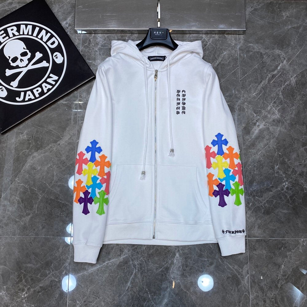 CHROME Hearts Multicolor Cross Patch Zipper Hoodie - White Unisex Streetwear Limited Edition