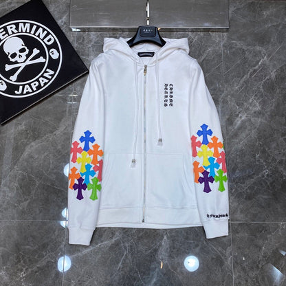 CHROME Hearts Multicolor Cross Patch Zipper Hoodie - White Unisex Streetwear Limited Edition