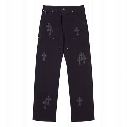 CHROME Hearts Double Knee Carpenter Jeans - Black Unisex Streetwear Limited Edition - The CHROME HEARTS BLACK DOUBLE KNEE CARPENTER JEANS - REPLICA combine rugged utility with luxurious