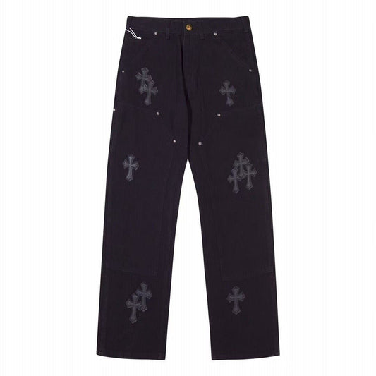 CHROME Hearts Double Knee Carpenter Jeans - Black Unisex Streetwear Limited Edition - The CHROME HEARTS BLACK DOUBLE KNEE CARPENTER JEANS - REPLICA combine rugged utility with luxurious