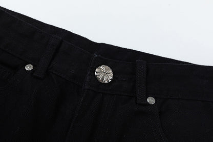 CHROME Hearts Paint Drip Yellow Cross Patch Jeans - Black Unisex Streetwear Limited Edition