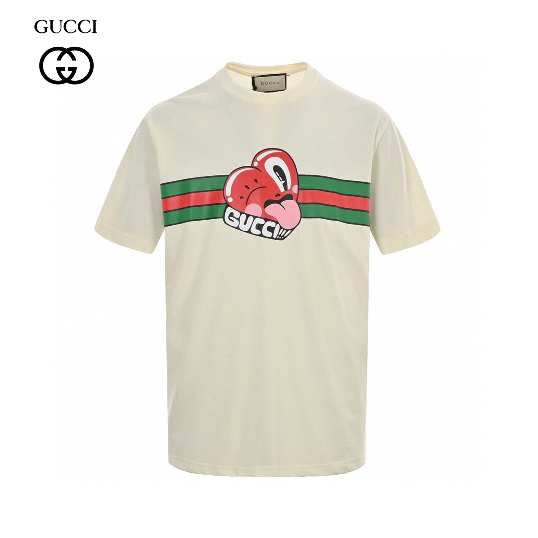 Gucci T-shirt With Heart Graphic - Cream Unisex Streetwear Limited Edition - <span>Playful and stylish. Features a red heart cartoon graphic. Green and red stripe design with