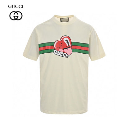 Gucci T-shirt With Heart Graphic - Cream Unisex Streetwear Limited Edition - <span>Playful and stylish. Features a red heart cartoon graphic. Green and red stripe design with