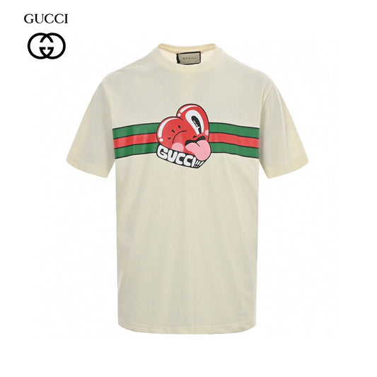 Gucci T-shirt With Heart Graphic - Cream Unisex Streetwear Limited Edition - <span>Playful and stylish. Features a red heart cartoon graphic. Green and red stripe design with