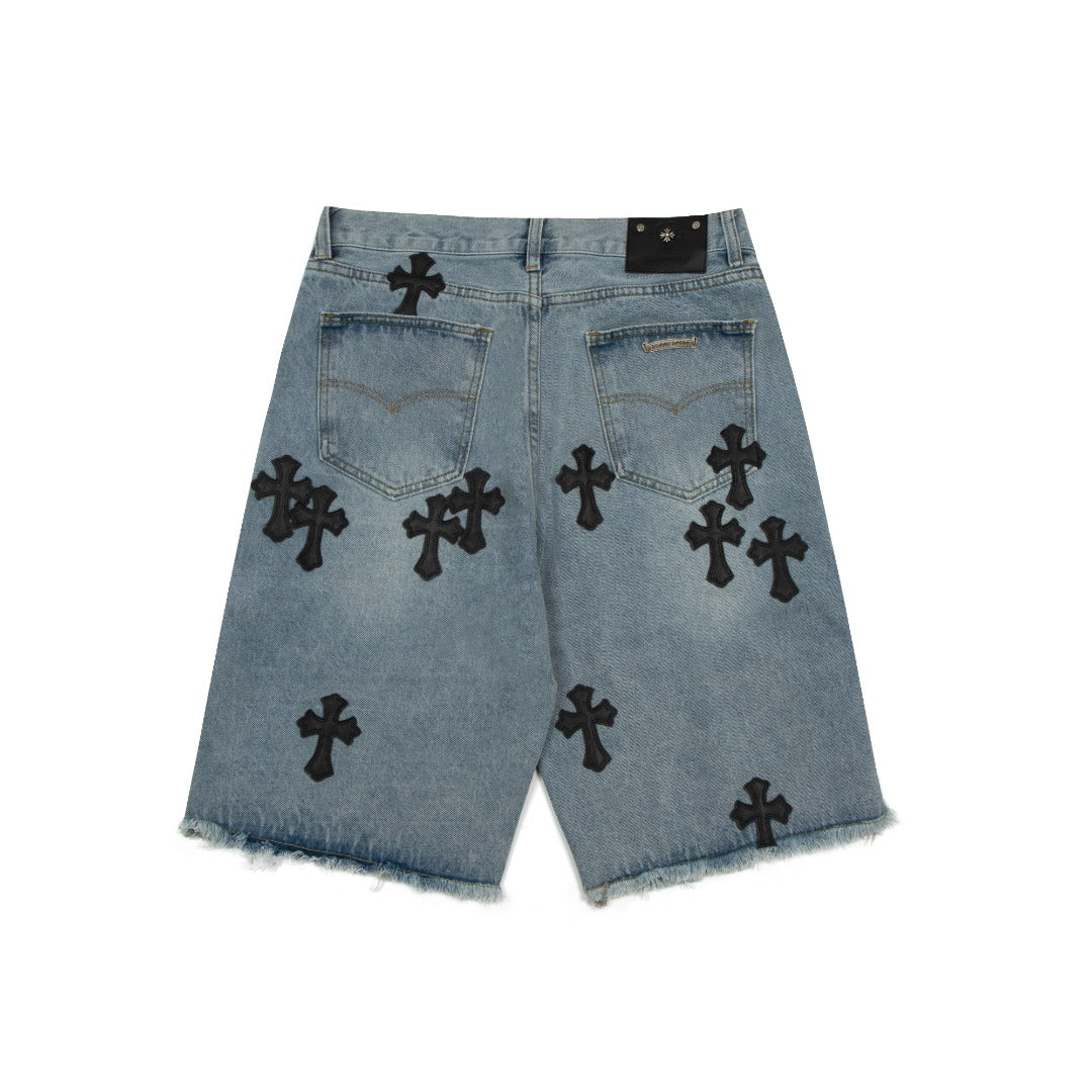 CHROME Hearts Cross Patch Jorts Washed Denim - Black Unisex Streetwear Limited Edition