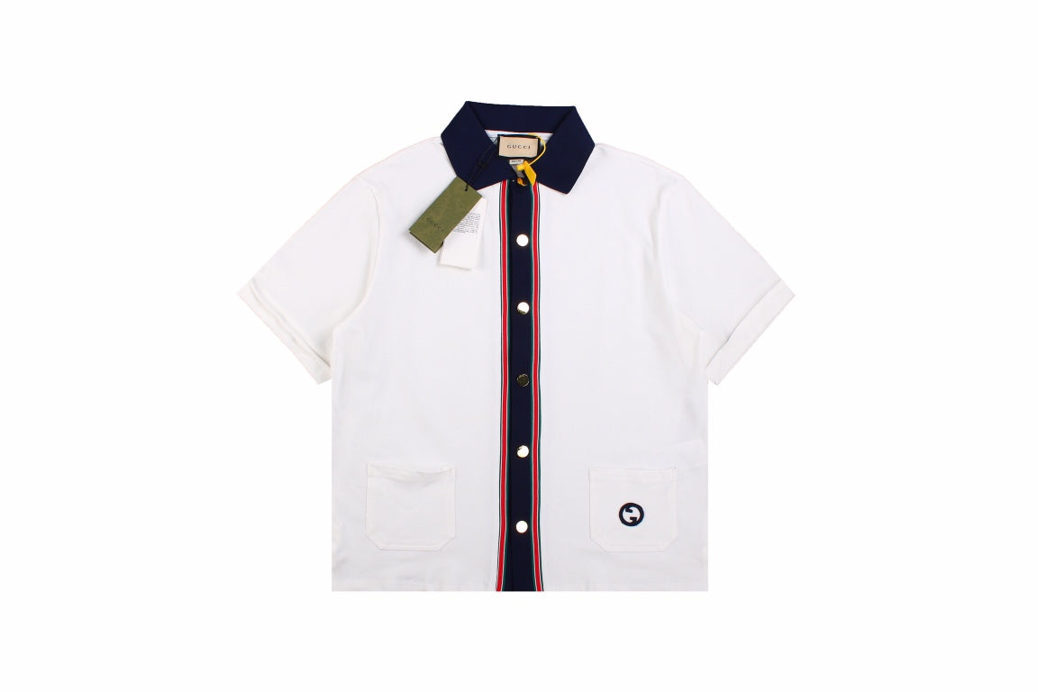 Gucci Contrast Collar Shirt - White Unisex Streetwear Limited Edition - <p dir='ltr'><span>This Gucci shirt features a striking contrast collar in navy blue, complemented by