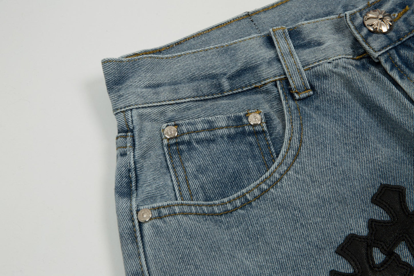 CHROME HEARTS BLACK CROSS PATCH JORTS WASHED DENIM - box - replica sneakers