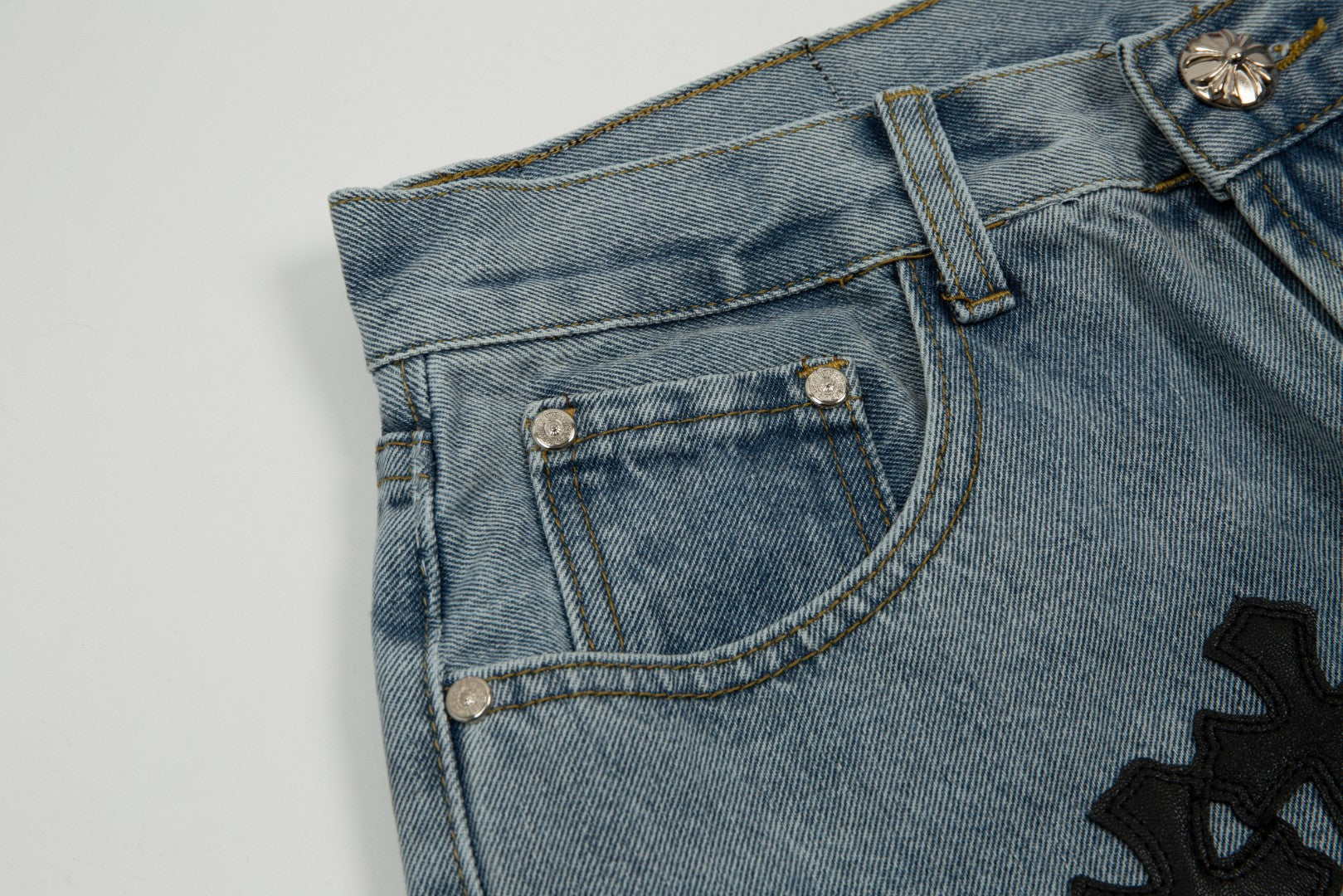 CHROME HEARTS BLACK CROSS PATCH JORTS WASHED DENIM - box - replica sneakers
