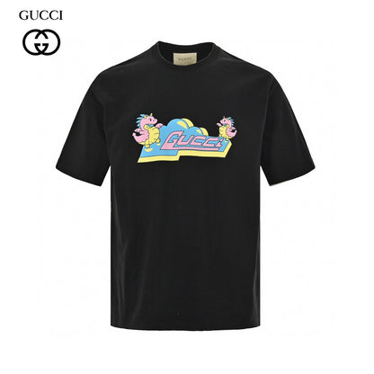 Gucci T-shirt With Pink Dinosaur Graphic - Black Unisex Streetwear Limited Edition - <span>Fun and trendy. Features colorful pink dinosaur cartoons. Gucci logo in the center. Made from