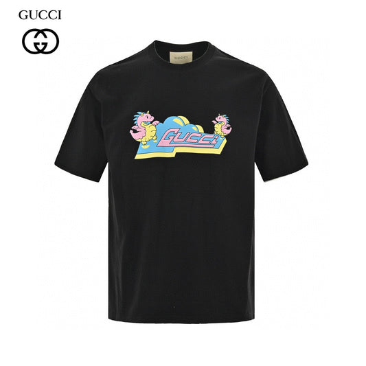 Gucci T-shirt With Pink Dinosaur Graphic - Black Unisex Streetwear Limited Edition - <span>Fun and trendy. Features colorful pink dinosaur cartoons. Gucci logo in the center. Made from