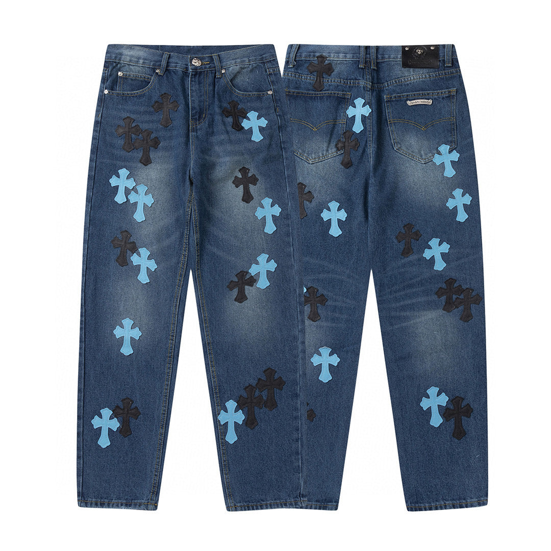 CHROME Hearts Cross Patch Jeans Denim - Blue Unisex Streetwear Limited Edition