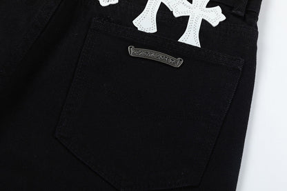 CHROME Hearts White Yellow Cross Patch Jeans - Black Unisex Streetwear Limited Edition